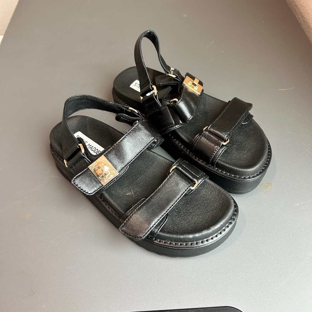 Steve Madden Black Sandals with Gold Accents